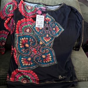Desigual Women's Black Top with Vibrant Patterns